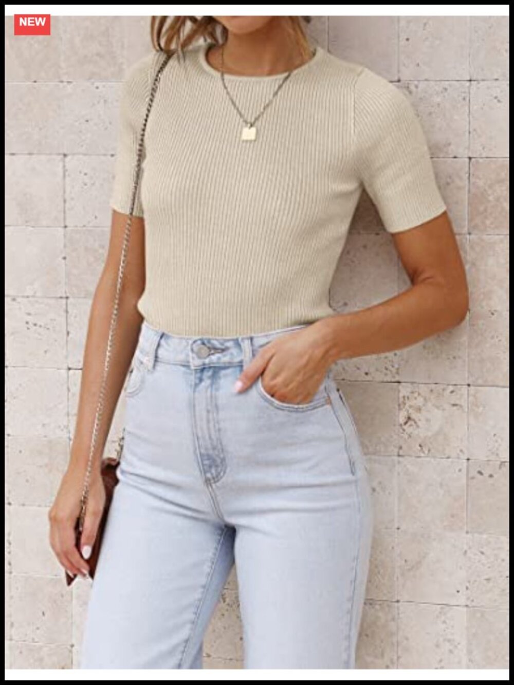 Ribbed Knit Short Sleeve Crewneck T-Shirt Slim Fitted Stretchy - Picture 4 of 6